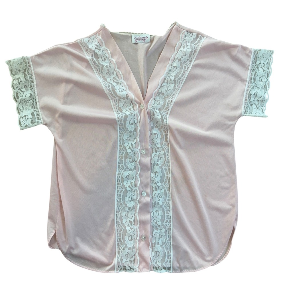 Exclusively Yours Vintage Lace Trim Blouse Sheer Button Up Medium Pink Coquette